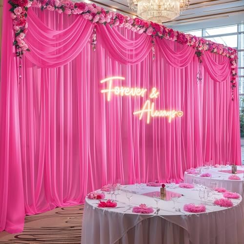 20ft x 10ft Hot Pink Backdrop Curtains, Wrinkle-Free Sheer Chiffon Fabric Photo Backdrop Drapes for Wedding Arch Party Ceremony Stage Photography Decorations - Image 3