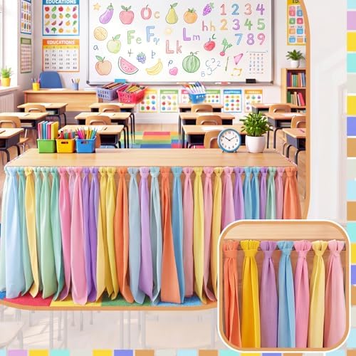 Reallnaive 14 ft x 30 Inch Table Skirt for Teacher Desk, Pastel, Simple - Image 5