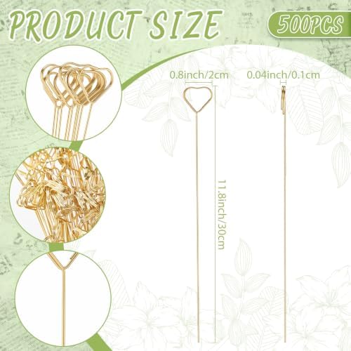500 Pcs Floral Card Holder Picks, 12'' Gold Metal Heart Sticks for Weddings - Image 4