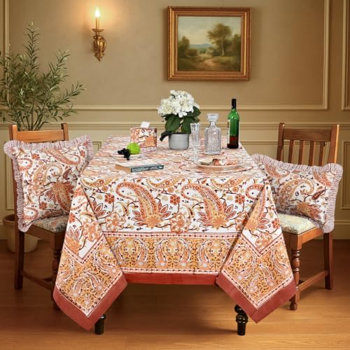 Ridhi Kashmiri Saffron Paisley Hand Block Print Cotton Rectangle Tablecloth 52x72 inch Reusable Table Cover Decorative Everyday Use for Dining Room, Farmhouse, Home Gift for Spring, Summer - Image 2