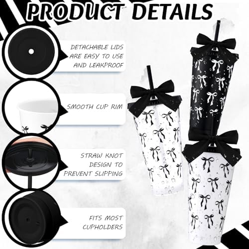 Skylety 24 Pcs Black Bow Plastic Cups with Lid Straw and Ribbon - Image 3