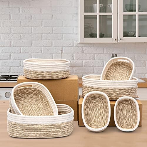 7 Piece Cotton Rope Woven Basket Set - Small Basket for Baby Nursery, Pets, Montessori, Dog & Cat Toy Boxes, Bathroom Organization Bins (White/Brown) - Image 4