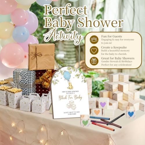 Winnie Baby Shower Decorations, Winnie Baby Shower Blocks Game Set, Fun Party Activity Set, 24 Acrylic Paint Pens with 50 Blank Wooden Blocks for Baby Shower Game and Table Decorations, Gender Reveal - Image 3