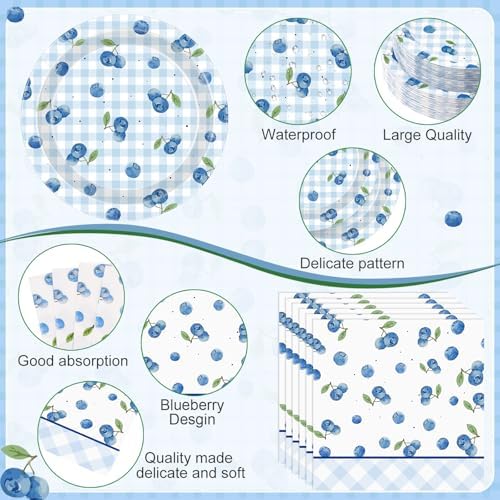 Funnymoom 400 Pcs Blueberry Birthday Party Supplies for 50 Guest Cute Fruit Checked Disposable Plates Napkin Cup Spoon Fork Knives for Birthday Baby Shower Anniversary Indoor Outdoor Party Supplies - Image 3