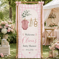 Welcome Pink Gingham Clothesline Baby Shower Satin Fabric Welcome Banner by Custom
