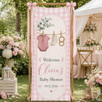 Welcome Pink Gingham Clothesline Baby Shower Satin Fabric Welcome Banner by Custom