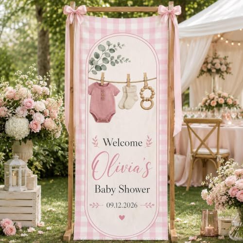 Welcome Pink Gingham Clothesline Baby Shower Satin Fabric Welcome Banner by Custom