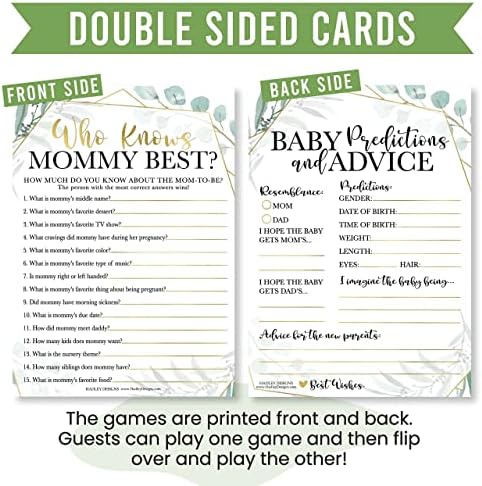 Hadley Designs 75 Greenery Who Knows Mommy Best, Baby Prediction and Advice Cards, 25 True Or False, Word Scramble For Baby Shower Ideas-8 Double Sided Cards Games Funny, Baby Shower Party Supplies - Image 6