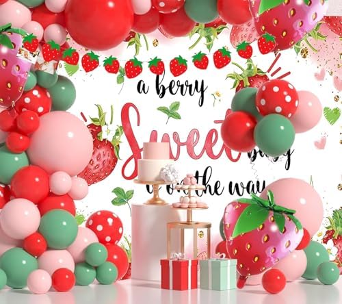 10x8 ft Strawberry Baby Shower Photo Banner Strawberry Girl Baby Shower Newborn Party Decorations Photography Backdrop A Berry Sweet Baby is On The Way Background Cake Table Supplies - Image 3