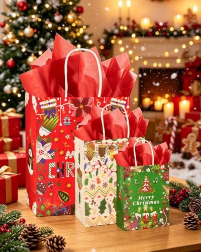 qiqee 100PCS Paper Gift Bags Assorted Christmas Paper Bags Red White Green - Image 5