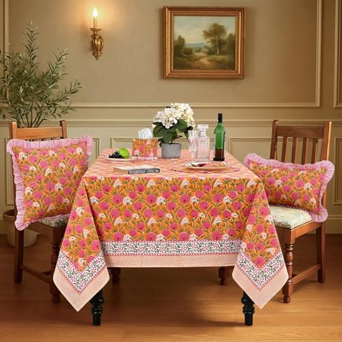 Ridhi Bubblegum Pink Hand Block Print Cotton Tablecloth 118x70 Inch - Image 2