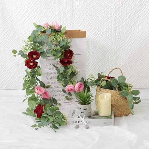TOCHGREEN 4 Pack Artificial Eucalyptus Flower Garland with Red Pink Roses - Image 7