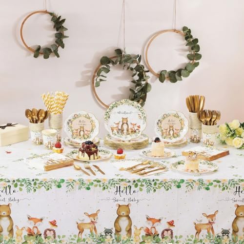 Funnymoom 452 Pcs Woodland Baby Shower Decorations for 50 Guests, Forest Animals Woodland Paper Plates Napkins Cups Tablecloth Cutlery Straws for Neutral Forest Animal Baby Shower Party Supplies - Image 5