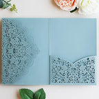 Hosmsua 50PCS Personalized Dusty Blue Laser Cut Flora Invitation Pocket, 5.12 x 7.2 Laser Cut Wedding Invitation with Envelopes for Wedding Bridal Shower Anniversary Invite by Hosmsua