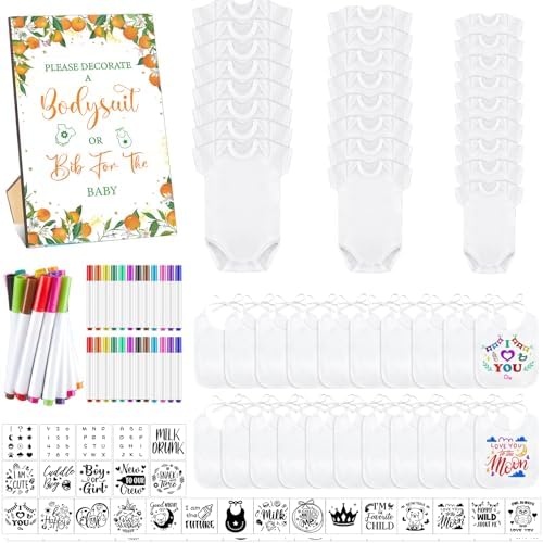 Panitay 100 Pcs White Baby Bodysuits Bibs Kit 25 Guests, Little Cutie by Panitay