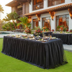 Black Tulle Tablecloths for 6 Foot Rectangular Tables 6ft Black Table Cloth Rectangle Wrinkle Free Stretch Spandex Table Cover with Tutu Skirt for Wedding Birthday Party Banquet Buffet Tradeshow - Image 4