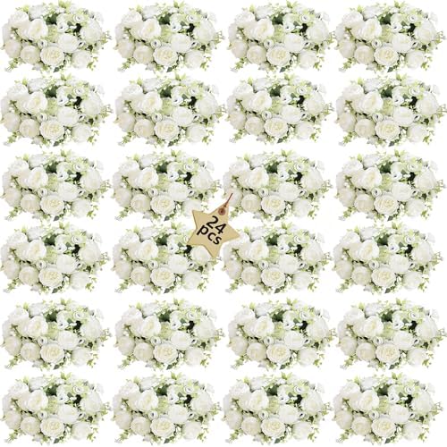 Peonies Artificial Flowers Bouquet, Lifelike Silk Fake Peonies with Stems for Home Table Centerpieces, Wedding, Party & DIY Bridal Floral Arrangements (24, White) by Unknown