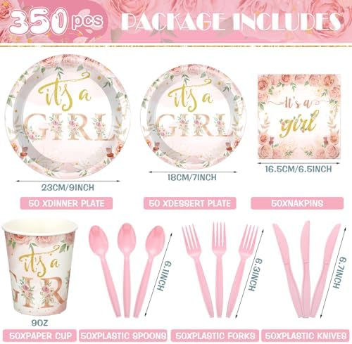 Dandat 350 Pcs Baby Shower Set, Floral, Pink - Image 3