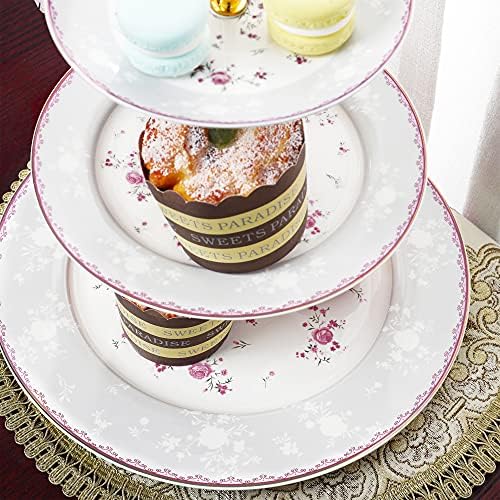fanquare 3 Tier Pink Rose Porcelain Round Cupcake Stand - Image 3