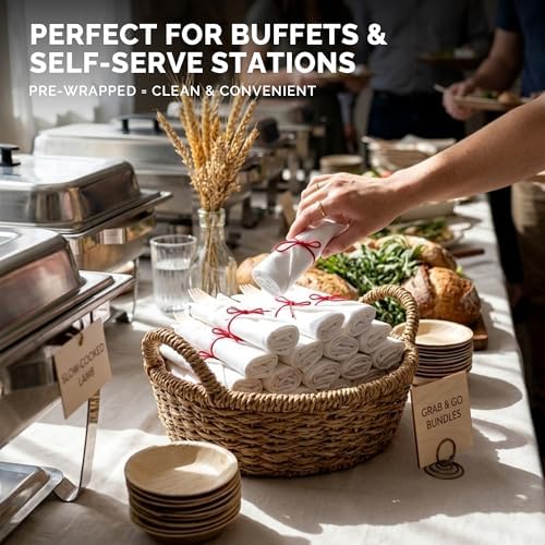 Prerolled Disposable Bamboo Cutlery Set – 50 Pack Pre Wrapped Silverware and Napkin Bundle with Forks, Knives, Spoons for Parties, Weddings, Events, and BBQ (Red String) - Image 6