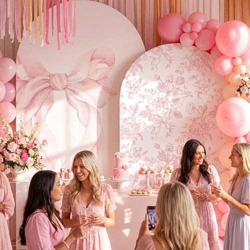 Mindsoft 2 Set Pink Bow Floral Arch Backdrop Cover 7.2ft 6.6ft - Image 5