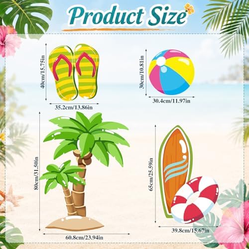 4 Pcs Large Summer Party Decorations, Hawaiian Yard Signs with Stakes Flip Flops Beach Ball Surfboard Palm Tree Cardboard Cutouts for Tropical Birthday Baby Shower Indoor Outdoor Photo Prop - Image 2