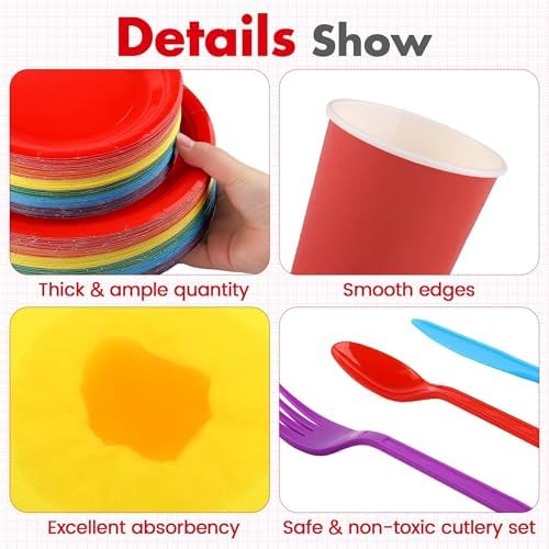 Kochorie 504 Pcs Rainbow Party Supplies Set, Colorful Disposable Paper Tableware Set 7 inch & 9 inch Plates Cups Napkins Cutlery for Birthday Baby Shower Rainbow Neon Party Decorations, Serve 72 - Image 3