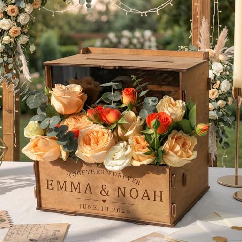 OurWarm Personalized Wedding Card Box with Names & Date Laser-Cut Engraving by OurWarm