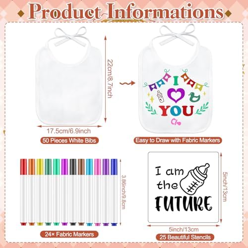 Panitay 100 Pcs DIY Baby Bibs Decorating Kit 50 White Bibs 25 Stencils 24 Markers 1 Baby Shower Game Sign - Image 2