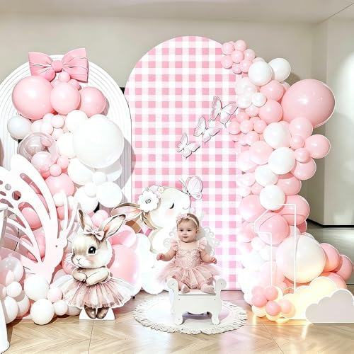 Strawberry Theme Arched Fabric Backdrop Covers Photography Background Pink Plaid Arch Stand Stretchy Covers for Kids ONE Birthday Baby Shower Party Decor Props (4.6x8FT Only Cover) - Image 7