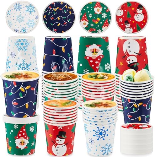 Roshtia 60 Pack 16 oz Paper Food Containers with Lids Ice Cream Pint Containers Soup Cups Freezer Microwave Safe for Desserts Yogurt Party Supplies(Christmas) by Roshtia