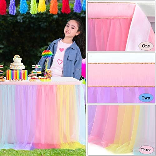Suppromo Rainbow Table Skirt for Birthday Party 6ft Unicorn Tulle Tutu Table Skirt for Baby Shower Girl Boy Gender Reveal Rainbow Tablecloth Desk Skirt for Unicorn Party Decorations(L6(ft) H 30in) - Image 6