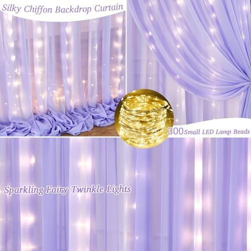 Shillance 20x10ft Lavender Chiffon Backdrop Curtain with Lights String for Wedding Sheer Tulle Curtain Photo Backdrops Drapes for Baby Shower Birthday Party Ceremony Decorations - Image 6