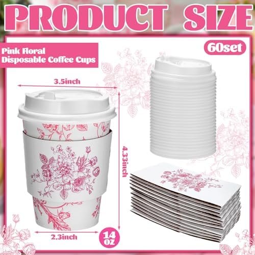 Vesici 60pcs 14oz Pink Disposable Coffee Cups with Lids and Sleeves Pink Toilet Coffee Cups Botanical Floral Paper Cup for Summer Birthday Weddings Bridal Shower Tea Party Supplies - Image 2