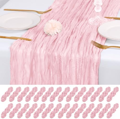 28 Pack Light Pink Cheesecloth Table Runner 17x108 Inch Semi Sheer Boho Gauze Cheese Cloth Fabric Table Runners, for Wedding Party Baby Shower Birthday Home Decor Garden Farmhouse by Unknown