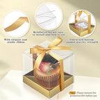 Gerrii 100 Pcs Clear Plastic Individual Cupcake Boxes 3.5" Single Cupcake Containers Transparent Ornament Gift Box with Inserts and Ribbon for Wedding Baby Shower Party Favor (Gold and Black) - Image 3