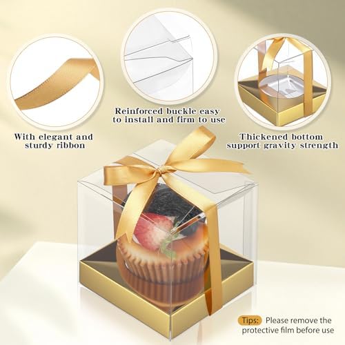 Gerrii 100 Pcs Clear Plastic Individual Cupcake Boxes 3.5" Single Cupcake Containers Transparent Ornament Gift Box with Inserts and Ribbon for Wedding Baby Shower Party Favor (Gold and Black) - Image 3
