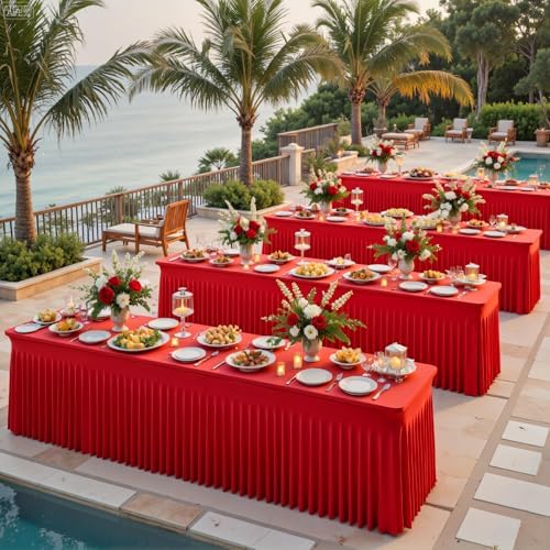 4 Pack 8ft Red Spandex Table Cloths for Rectangle Tables Wrinkle Free Red Tablecloths Rectangle Stretch Fitted 6 Foot Table Cover with Skirt for Birthday Party Baby Shower Wedding Banquet Buffet - Image 3