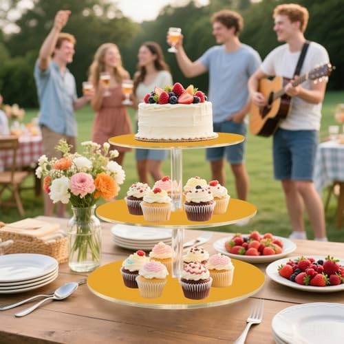 J JOYSAY Yellow Orange Print Acrylic Cupcake Stand 3 Tier Dessert Table Display Set Clear Cake Stands for Party Wedding Baby Shower Decorations Easy Assembly Macaron Tower - Image 6
