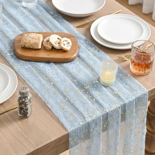 Artoid Mode 6PC Gold Gauze Light Blue Table Runner 120 Inch 10FT, Glitter Metallic Foil Sheer Dining Wedding Anniversary Holiday Birthday Table Decor for Home Party - Image 4