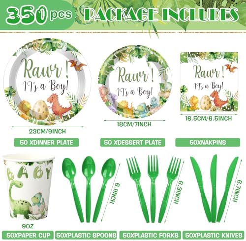 Dandat 350 Pcs Baby Shower Set, Dinosaur, Green - Image 4