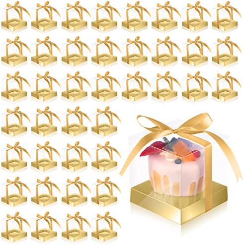 Thenshop 50 Pcs Clear Cupcake Boxes Individual 3.5 Inch, Gold by Thenshop