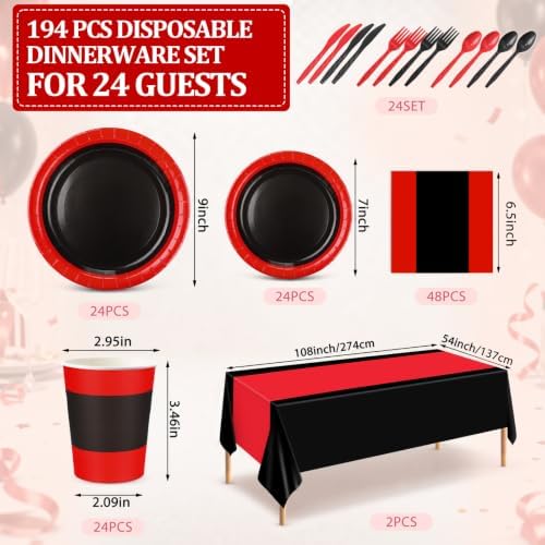 Funnymoom 218 Pcs Red and Black Party Decorations Tableware Set, Serves 24 - Image 3