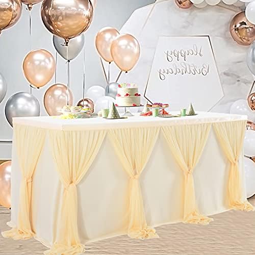 14ft Champagne Table Skirt Tulle Wedding Table Cloth Elegant Tutu Table Skirt Cover for Birthday Party Baby Shower Dessert Buffet Banquet Table Decorations - Image 2