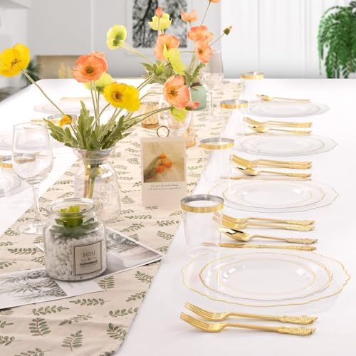 WDF 100pcs Clear Disposable Plastic Plates With Gold Trim - Baroque Clear Gold including 50PCS Dinner Plates 10.25inch and 50PCS Salad Plates 7.5inch for Wedding/Baby Shower/Birthday - Image 2