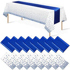 16Pack Disposable Plastic Tablecloths and Satin Table Runner Set White and Blue Dot Tablecloth Blue Satin Table Runner for Wedding Birthday Baby Shower Anniversary Christmas New Year Party Supplies by MASHAN