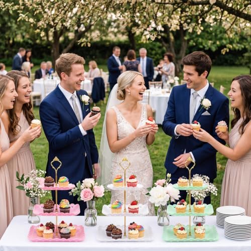 8 Pcs 3 Tier Serving Tray Cupcake Stand, Square, White, Pink, Green - Image 5