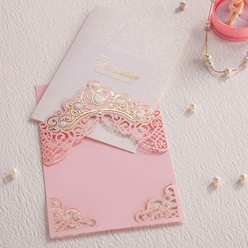 Hosmsua 50PCS Blank Pink Quinceanera Invitations Kit 5x7.3 Inch Laser Cut Floral Gold Crown Pocket Quinceanera Invitation Cards with Envelopes for Birthday Bridal Shower Invite - Image 2