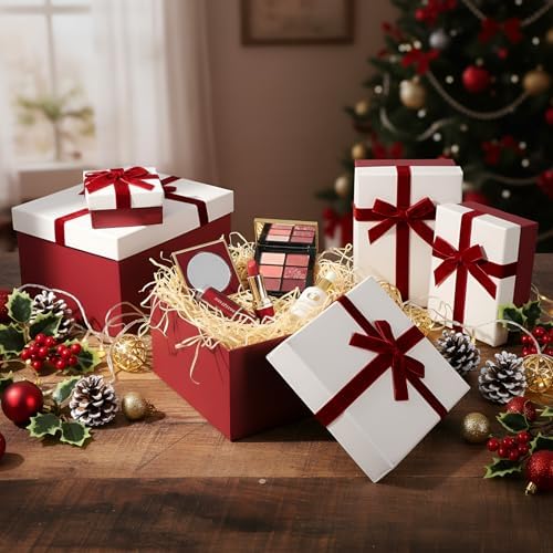 Cholemy 5 Pcs Christmas Nesting Gift Box with Lid Velvet Ribbon, Wine Red - Image 5
