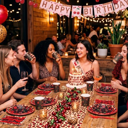 400 Pcs Red Cheetah Print Birthday Decoration for 50 Guests, Red and Black Cheetah Cherry Paper Plates Napkins Cups Cutlery Leopard Tableware for Y2K Girls Night Big Mama Party Supply - Image 6